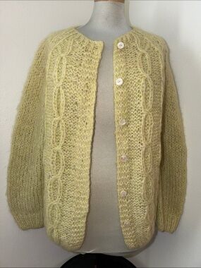Vintage made in Italy wool mohair sweater cardigan green yellow Burdines Large L